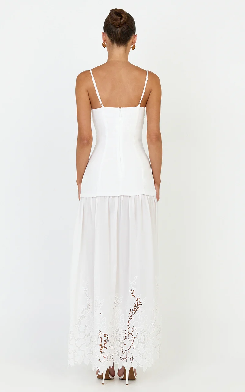 Everly Maxi Dress - Straight Neck Broderie Cut Out Hem Dress in White