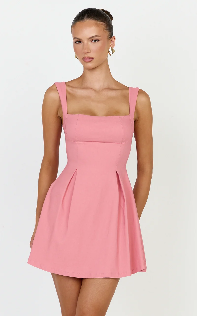 Ida Mini Dress - Wide Strap Straight Neck Bow Back Dress in Pink