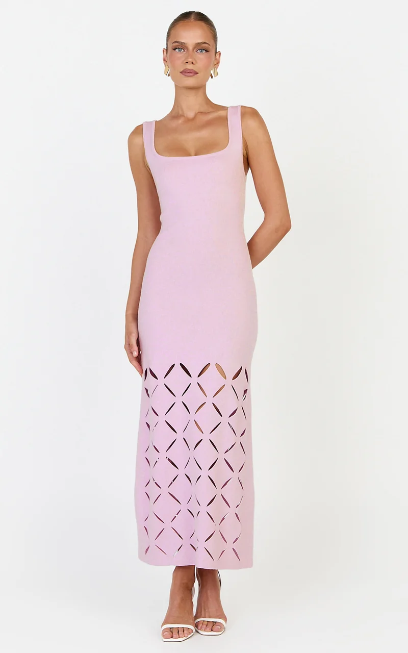 Sabrina Midi Dress - Scoop Neck Laser Cut Dress in Pink