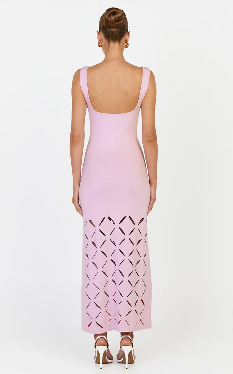Sabrina Midi Dress - Scoop Neck Laser Cut Dress in Pink