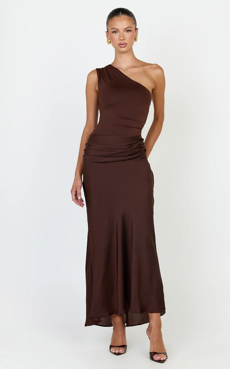 Astrid Midi Dress - One Shoulder Contrast Satin Dress in Chocolate