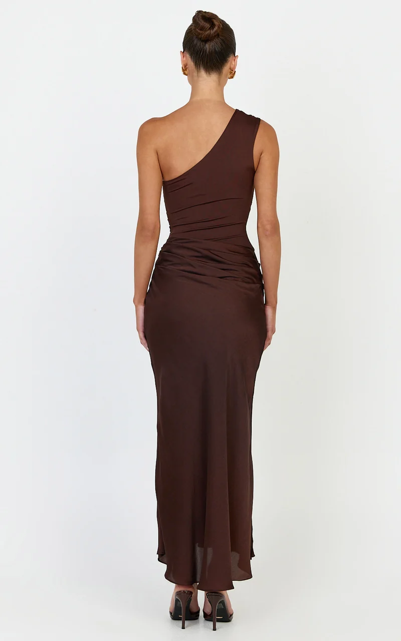 Astrid Midi Dress - One Shoulder Contrast Satin Dress in Chocolate
