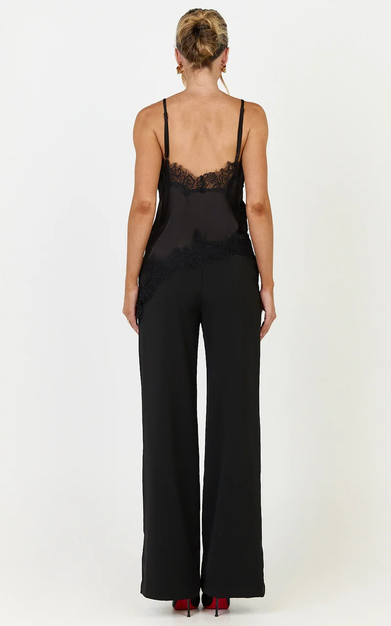Ava Top - Lace Trim Asymmetrical Camisole Top in Black