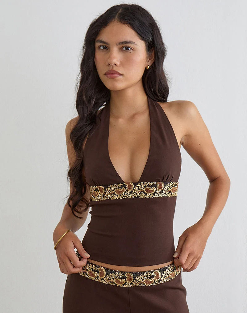 Haut dos nu Orvio marron avec bordure brodée de paillettes