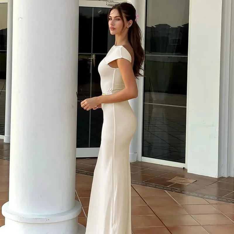 Robe de soirée mariage longue moulante manches courtes