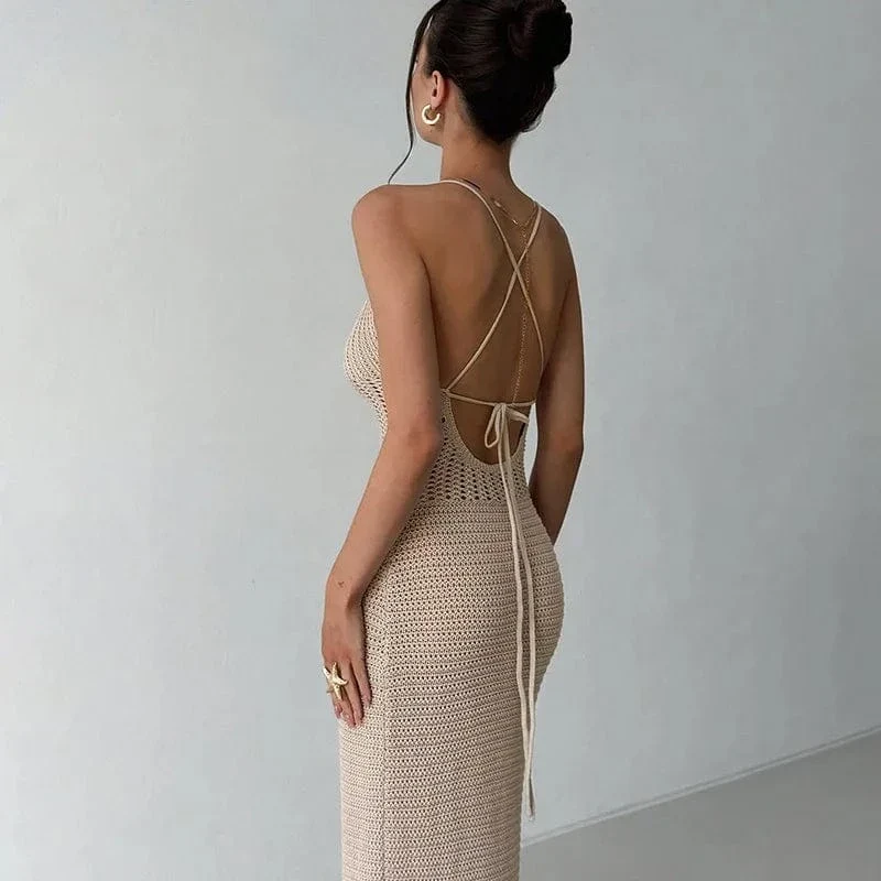 Robe crochet longue beige moulante