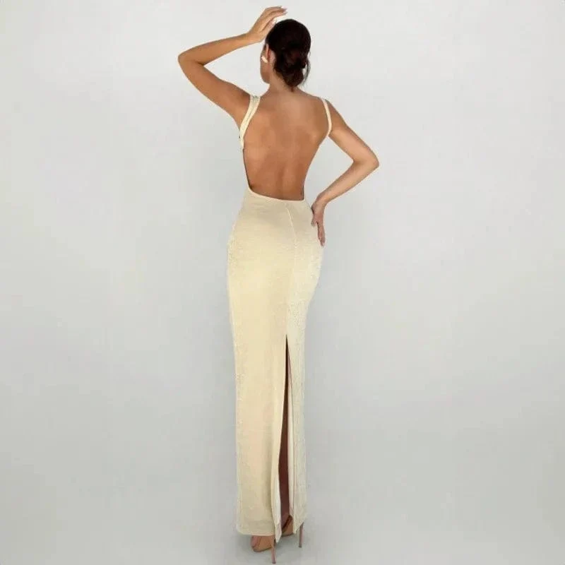 Robe beige moulante longue dos nu