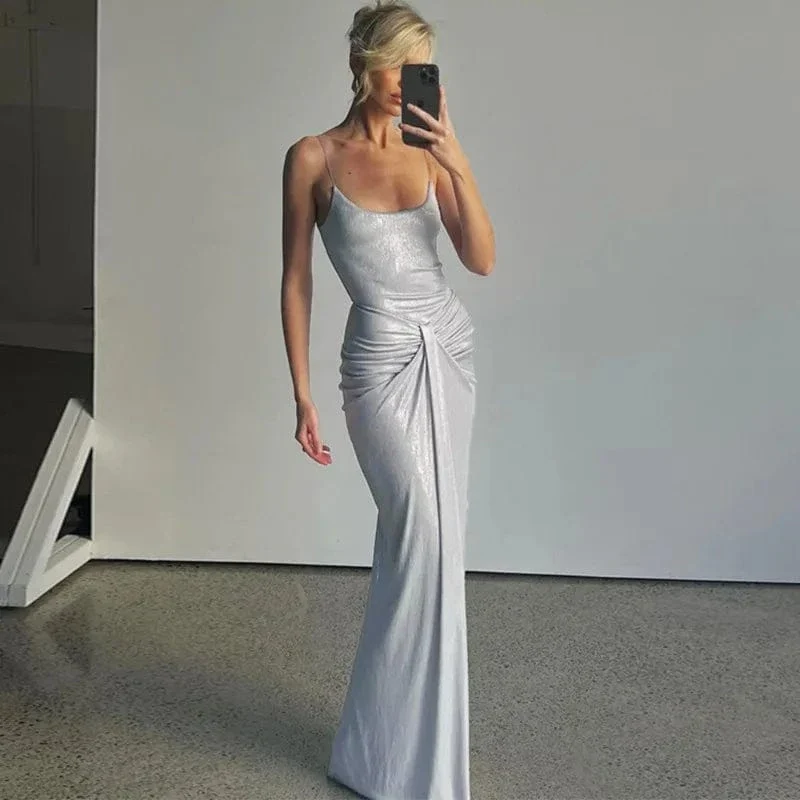 Robe de soirée argentée moulante longue