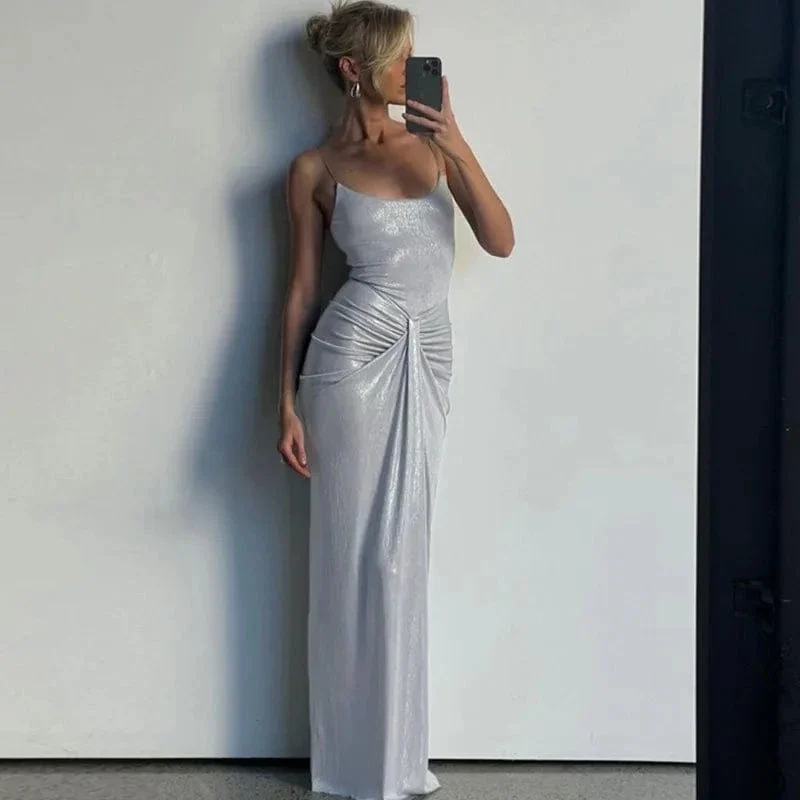 Robe de soirée argentée moulante longue