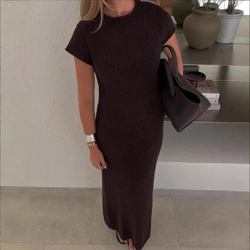 Robe été longue en maille col rond manches courtes