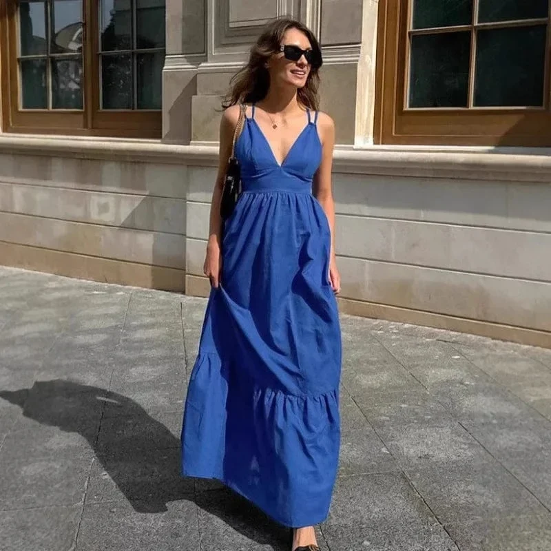 Robe bohème longue bleue col en V