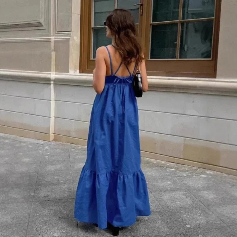 Robe bohème longue bleue col en V