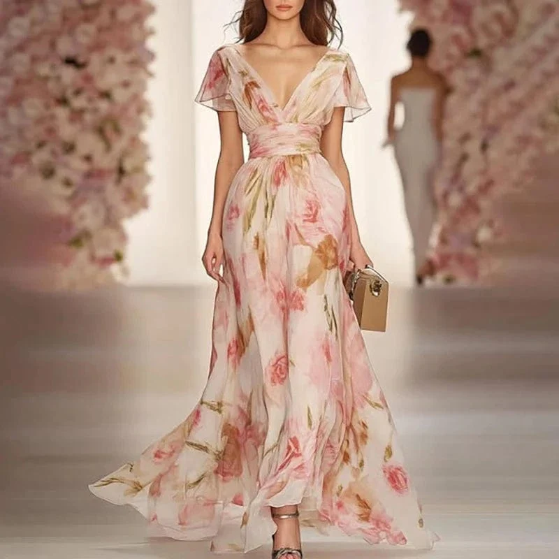 Robe de soirée fleurie longue fluide