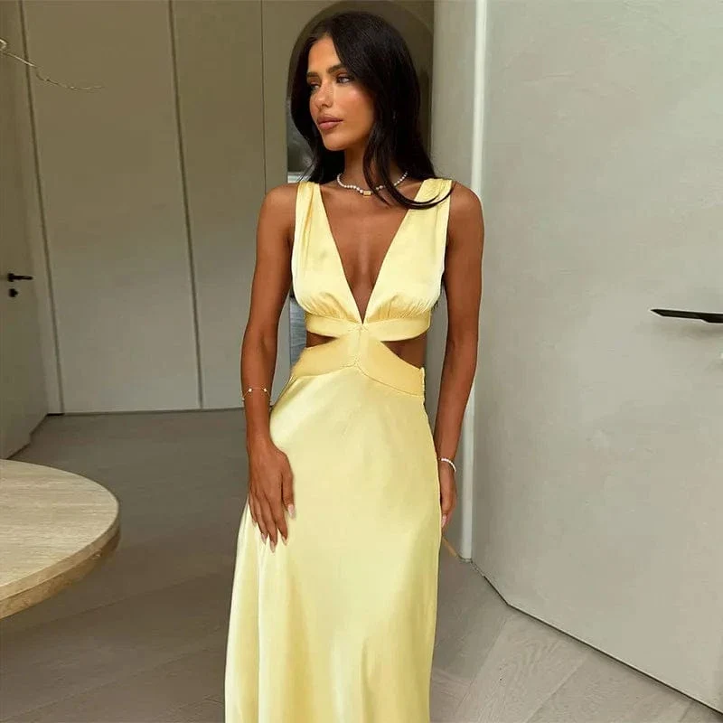 Robe invitée au mariage longue satinée col en V