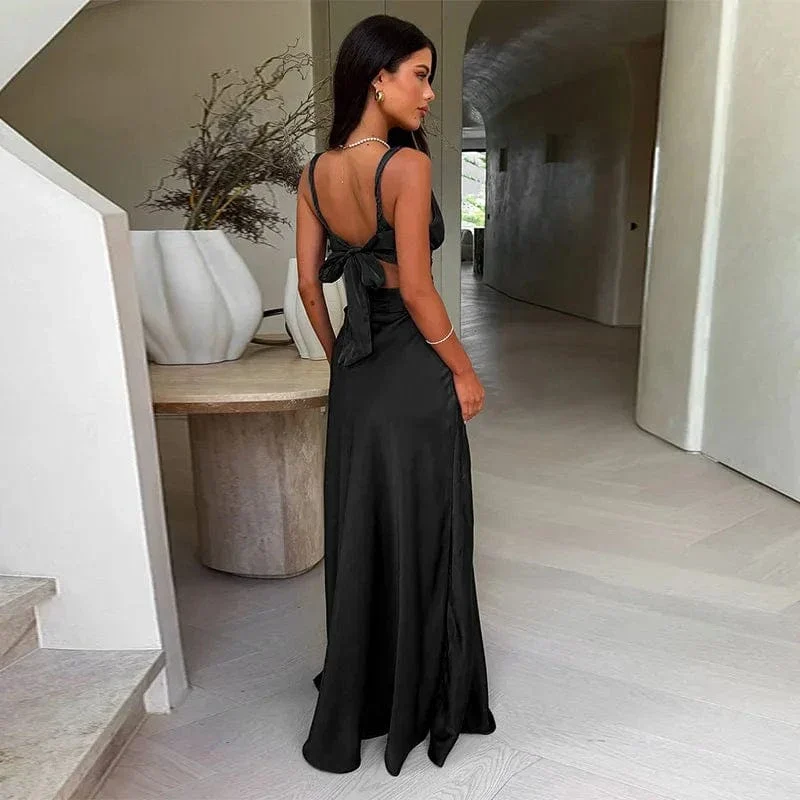 Robe invitée au mariage longue satinée col en V