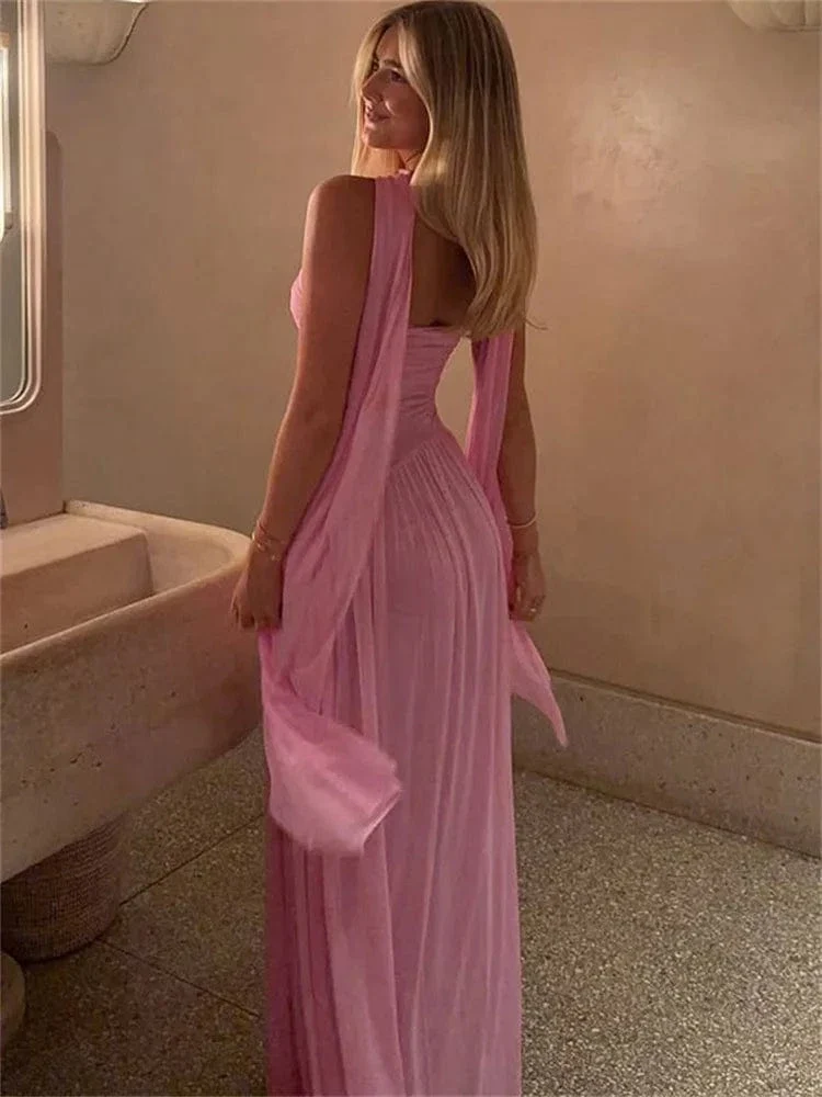 Robe de soirée longue fluide rose