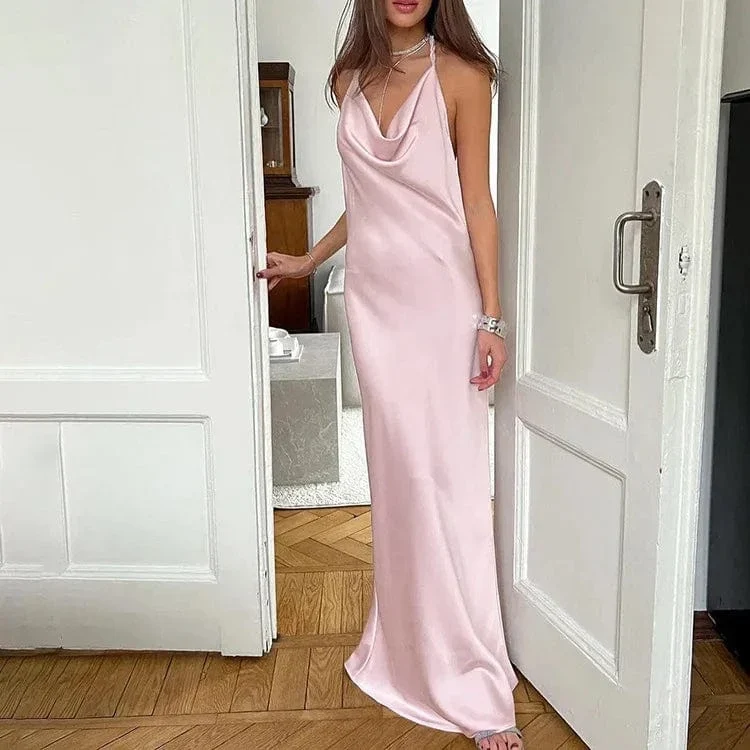 Robe de soirée mariage longue rose satinée
