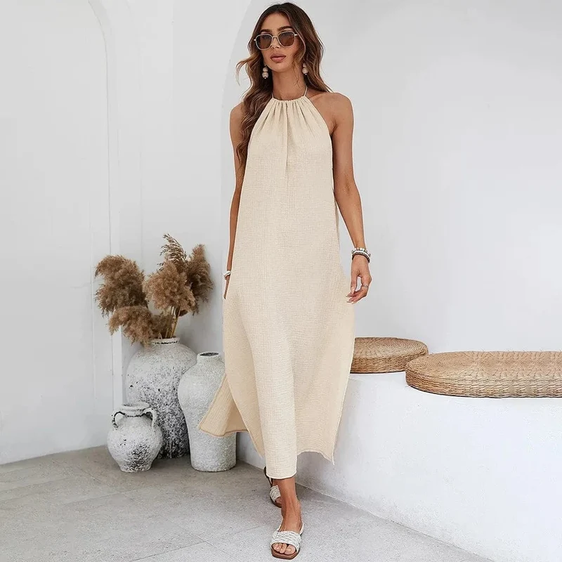 Robe bohème dos nu beige fendue