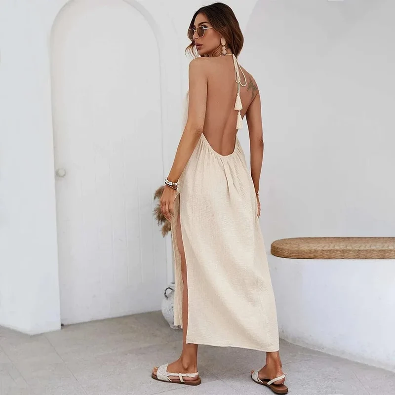 Robe bohème dos nu beige fendue