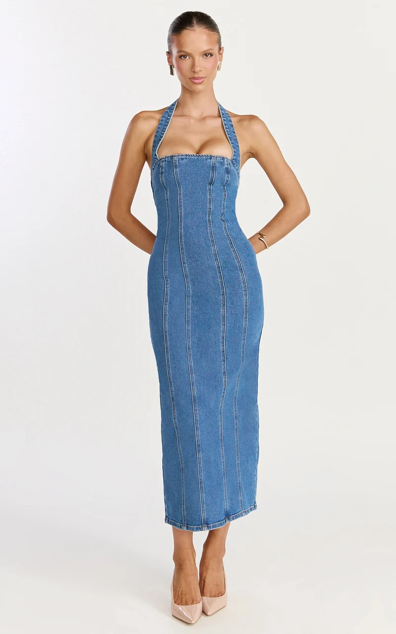 Skye Midi Dress - Halter Neck Panelled Denim Dress in Mid Blue Wash