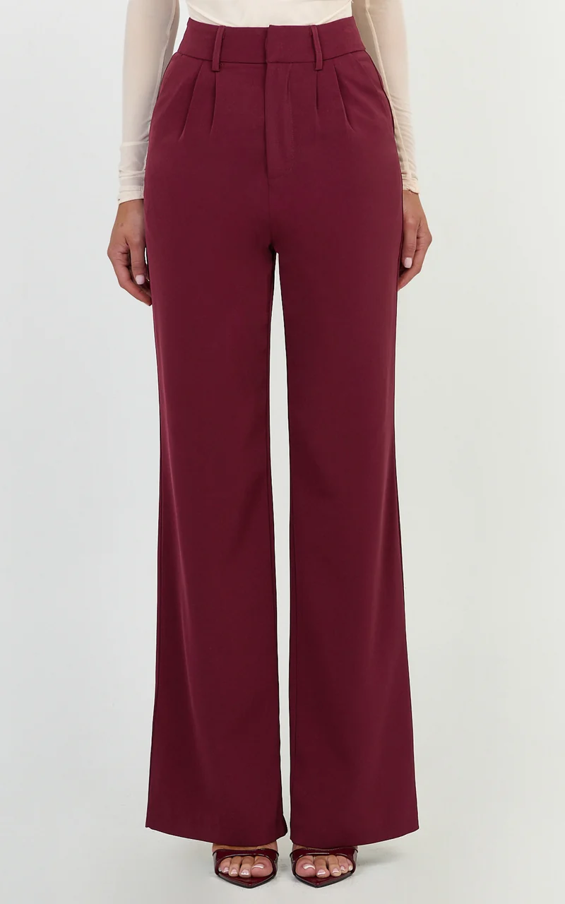 Melissa Pants - Pleat Front Wide Leg Tailored Pants in Wine