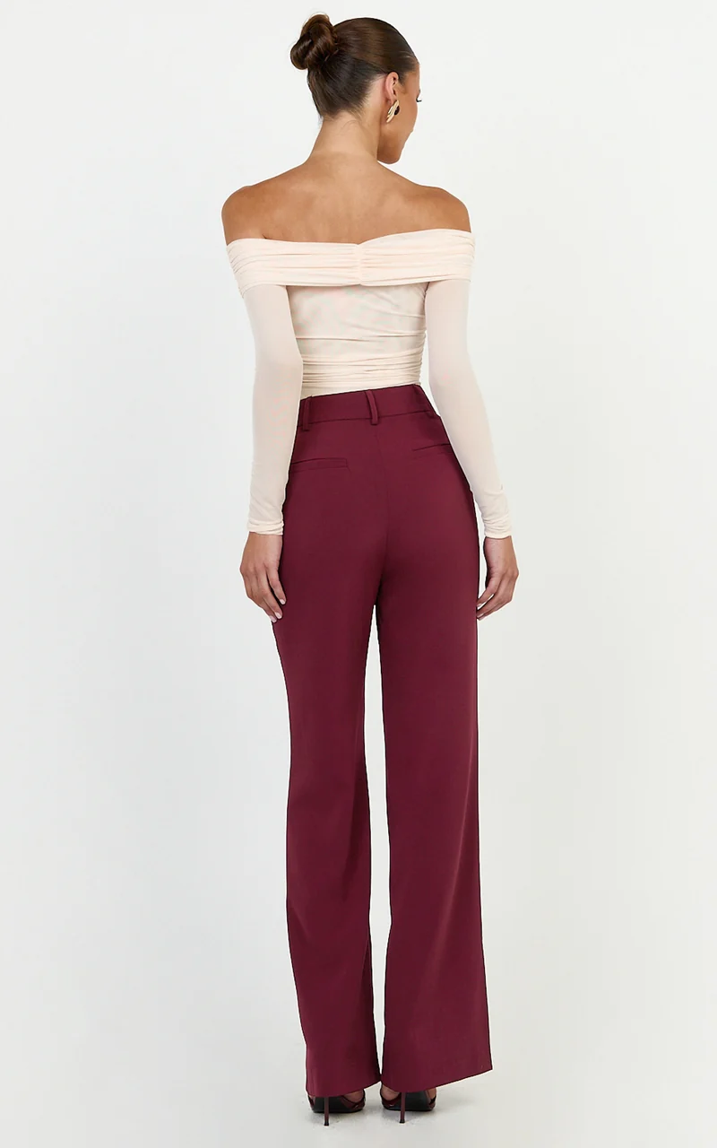 Melissa Pants - Pleat Front Wide Leg Tailored Pants in Wine