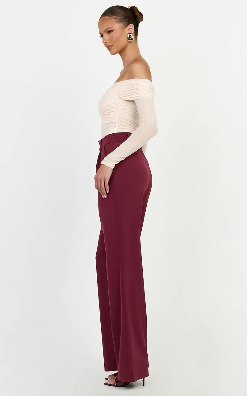 Melissa Pants - Pleat Front Wide Leg Tailored Pants in Wine