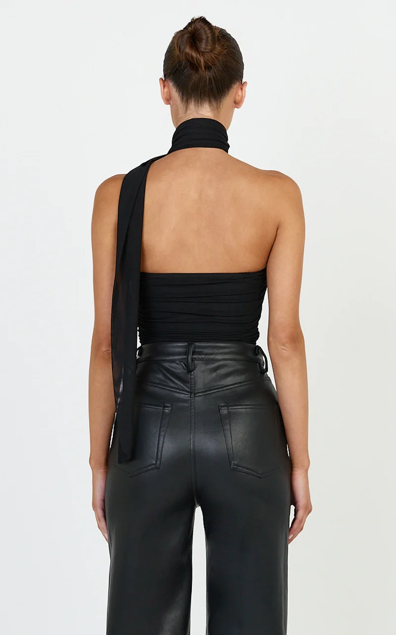 Lucienne Bodysuit - One Shoulder Draped Scarf Bodysuit in Black