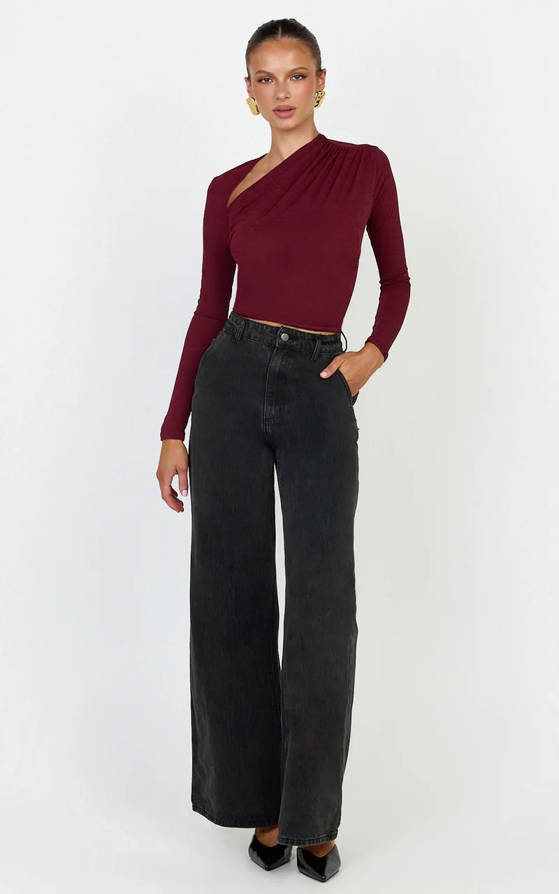 Hillary Top - Asymmetric Ruched Side Jersey Top in Wine