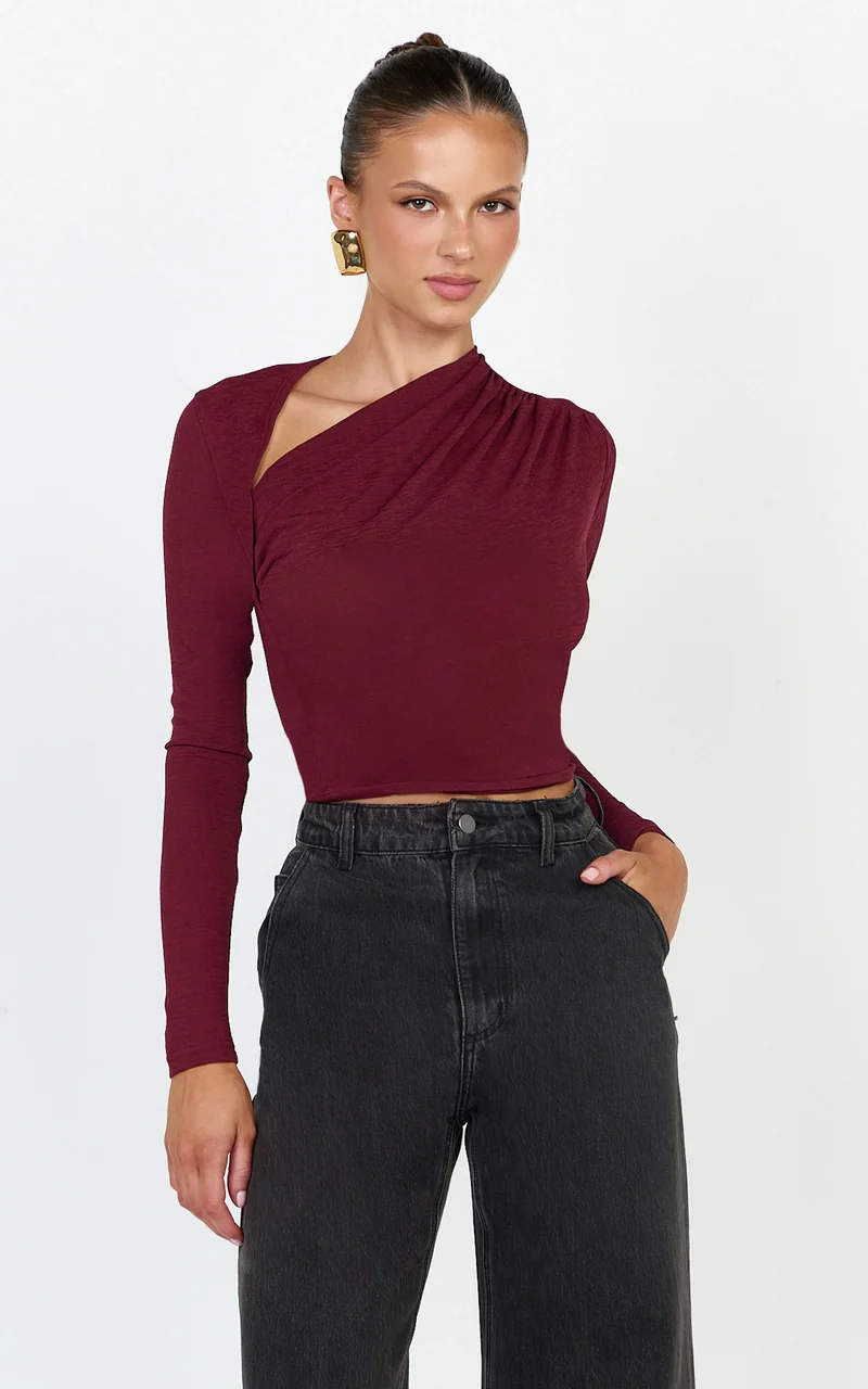 Hillary Top - Asymmetric Ruched Side Jersey Top in Wine