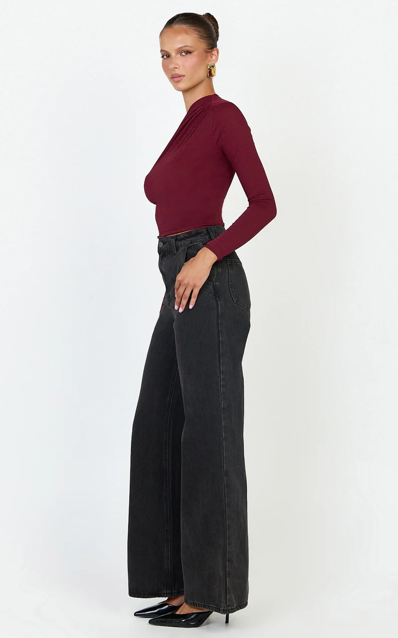 Hillary Top - Asymmetric Ruched Side Jersey Top in Wine