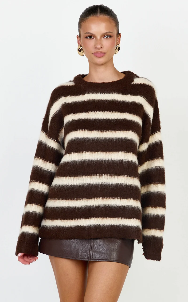 Aria Jumper - Fluffy Striped Knit Jumper in Chocolate