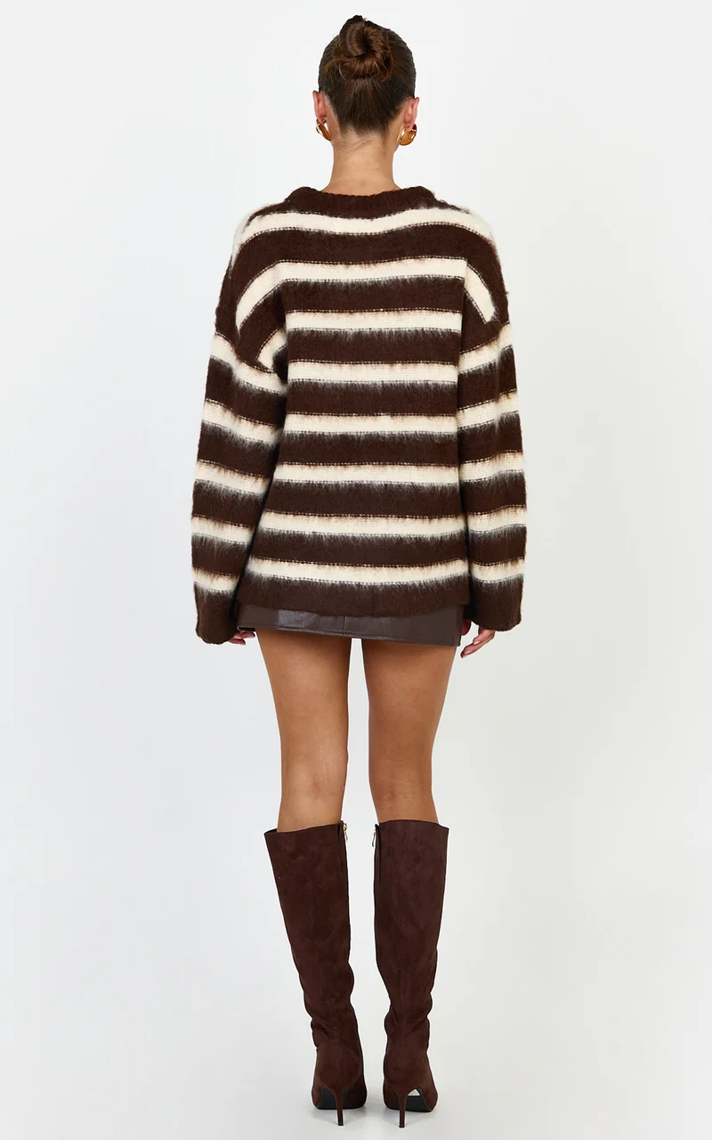 Aria Jumper - Fluffy Striped Knit Jumper in Chocolate