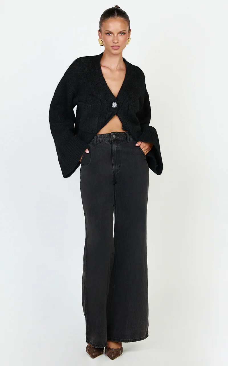 Becka Cardigan - Oversized Recycled Knitted Button Through Cardigan in Black