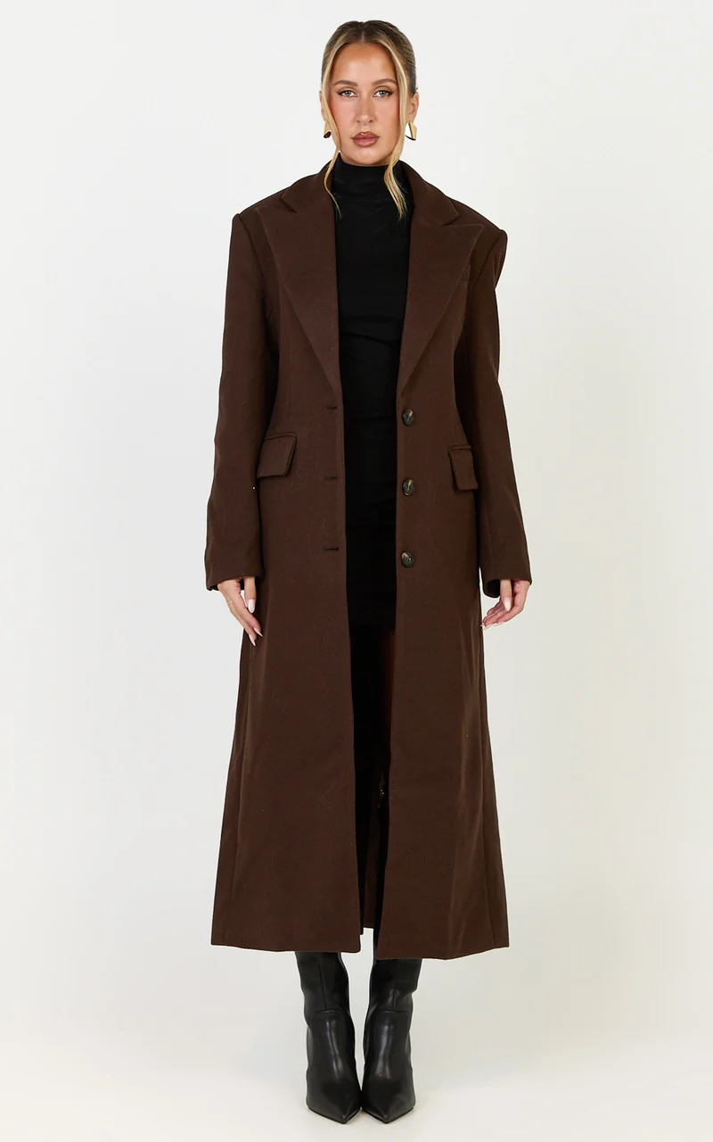 Paloma Coat - Tailored Cinched Waist Longline Coat in Chocolate