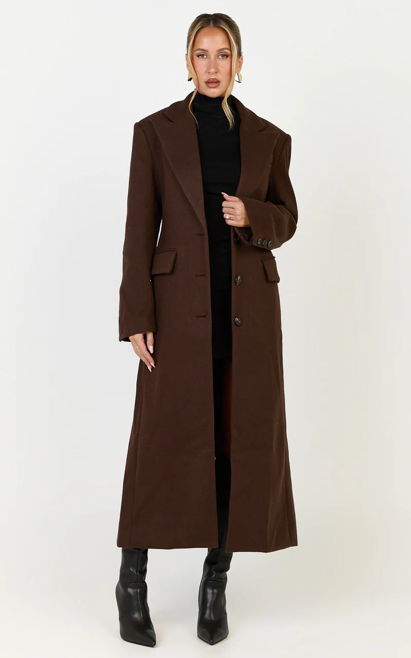 Paloma Coat - Tailored Cinched Waist Longline Coat in Chocolate