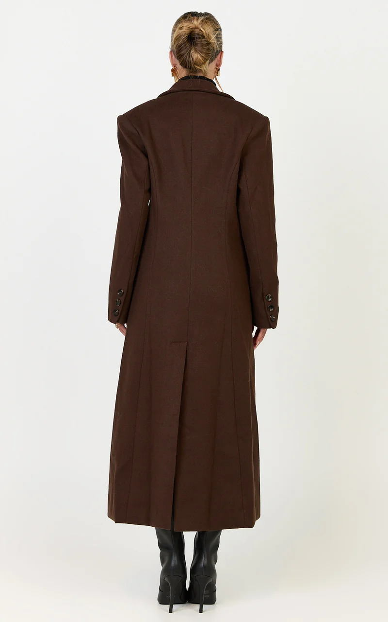 Paloma Coat - Tailored Cinched Waist Longline Coat in Chocolate