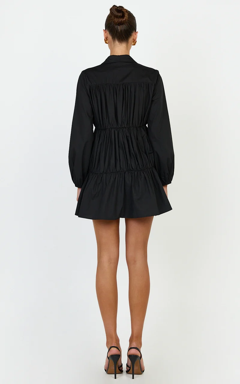 Elodie Mini Dress - Button Down Ruched Tiered Smock Dress in Black