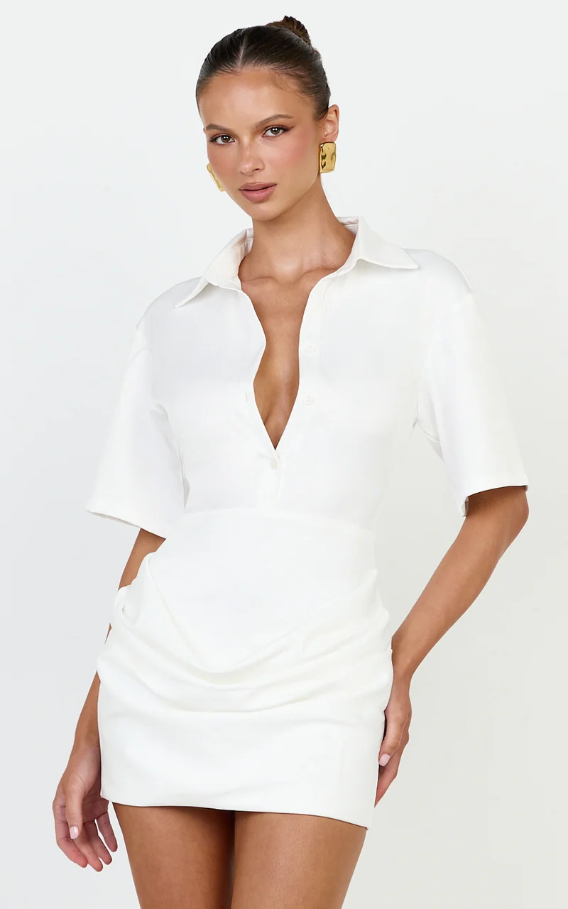 Leora Mini Dress - Button Front Draped Cowl Waist Dress in Off White