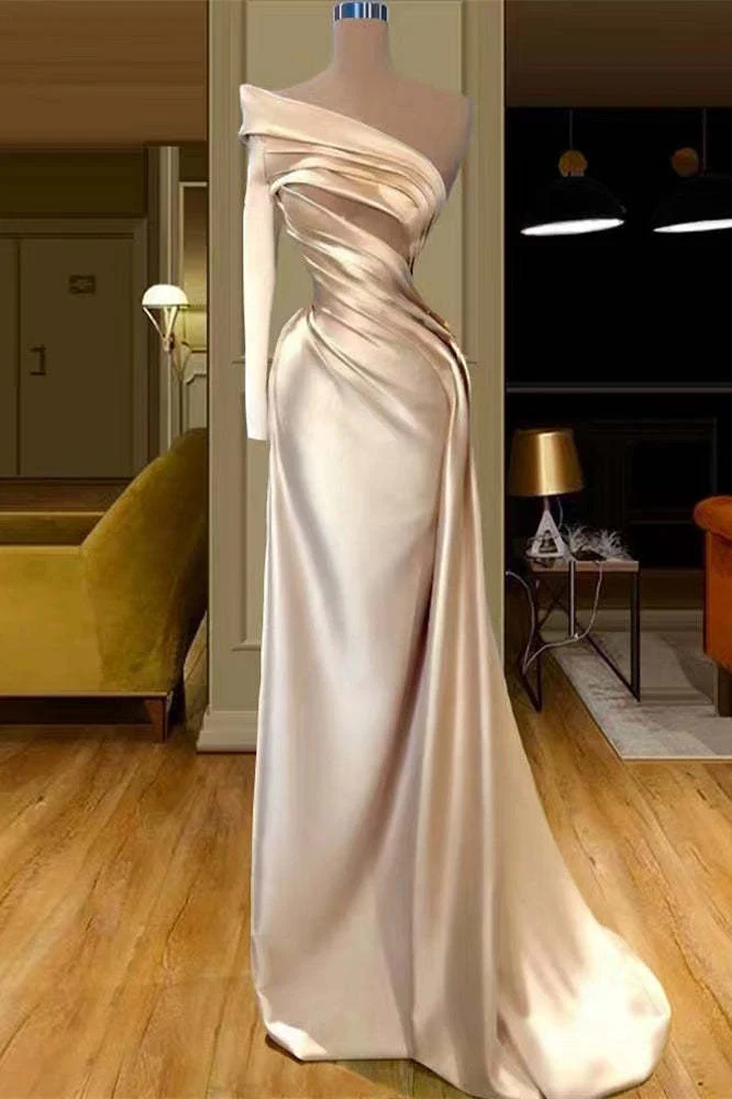 Robe de bal sirène élégante à une épaule et manches longues, couleur champagne, pour occasions spéciales