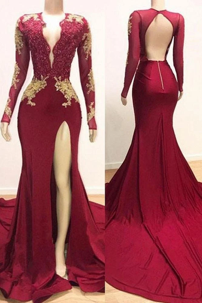 Robe de soirée sirène élégante à manches longues avec appliques en dentelle pour femme