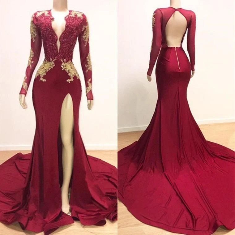 Robe de soirée sirène élégante à manches longues avec appliques en dentelle pour femme