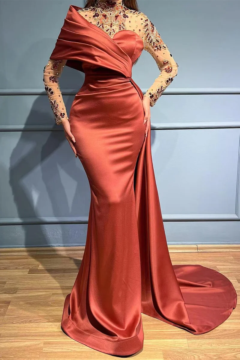 Robe de bal sirène élégante à col haut et volants, manches longues