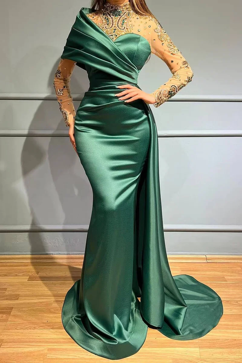Robe de bal sirène élégante à col haut et volants, manches longues