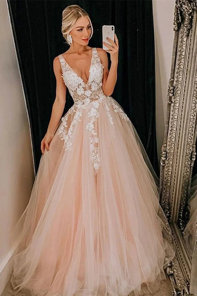 Robe de soirée élégante en tulle sans manches, col en V, avec appliqués et plis raffinés
