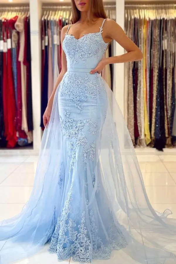 Robe de bal sirène élégante en dentelle bleu ciel avec traîne pour les occasions spéciales