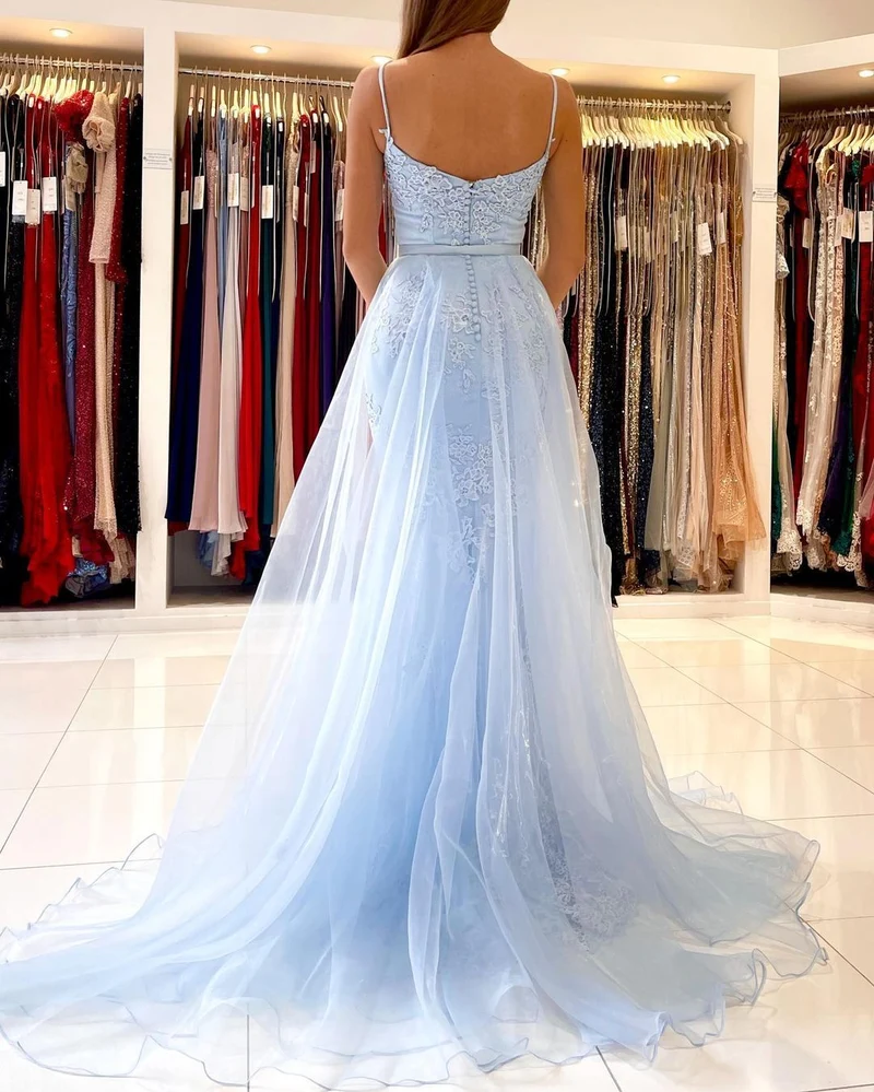 Robe de bal sirène élégante en dentelle bleu ciel avec traîne pour les occasions spéciales