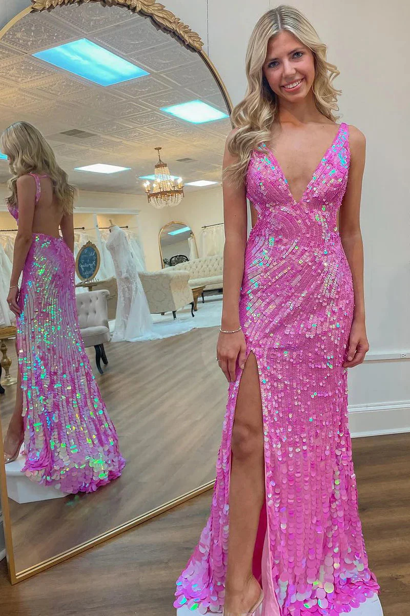 Superbe robe de bal rose à paillettes, dos nu, col en V et fente haute