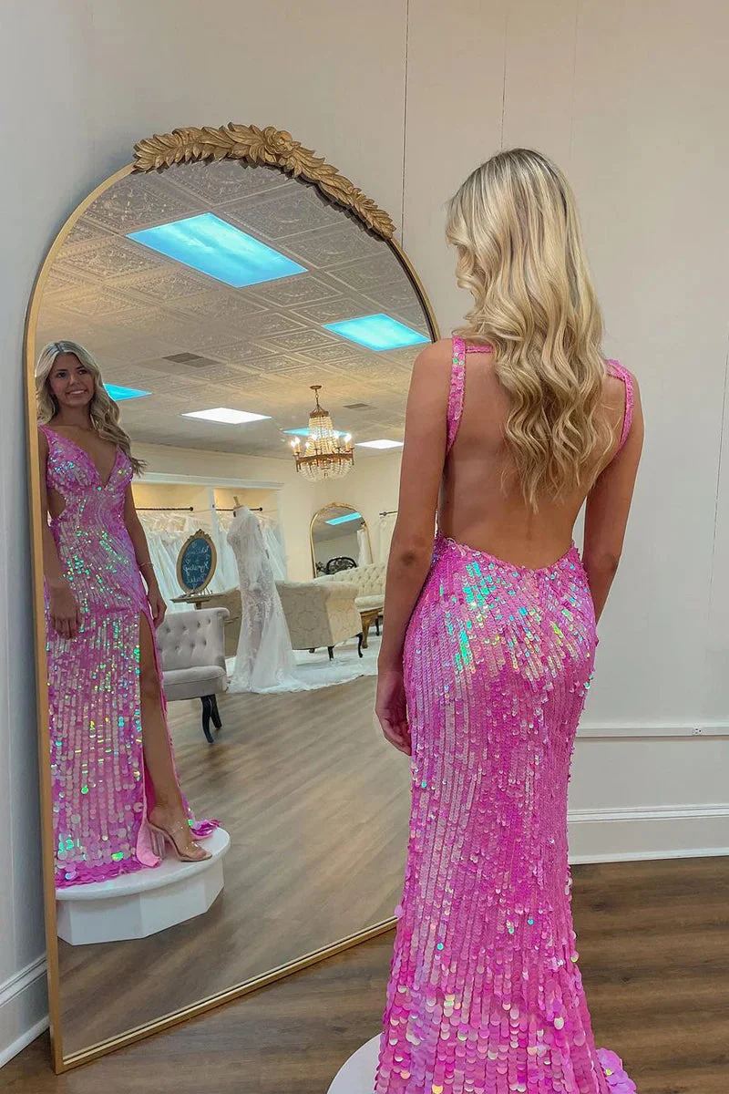 Superbe robe de bal rose à paillettes, dos nu, col en V et fente haute