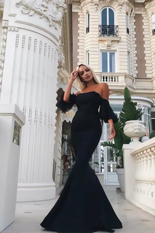 Robe de soirée noire élégante sans bretelles, style sirène, idéale pour les bals de fin d'année, les occasions formelles et les galas.